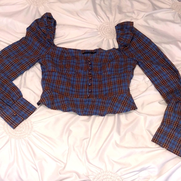 NASTY GAL FLANNEL LONG SLEEVE CROP - Picture 2 of 5